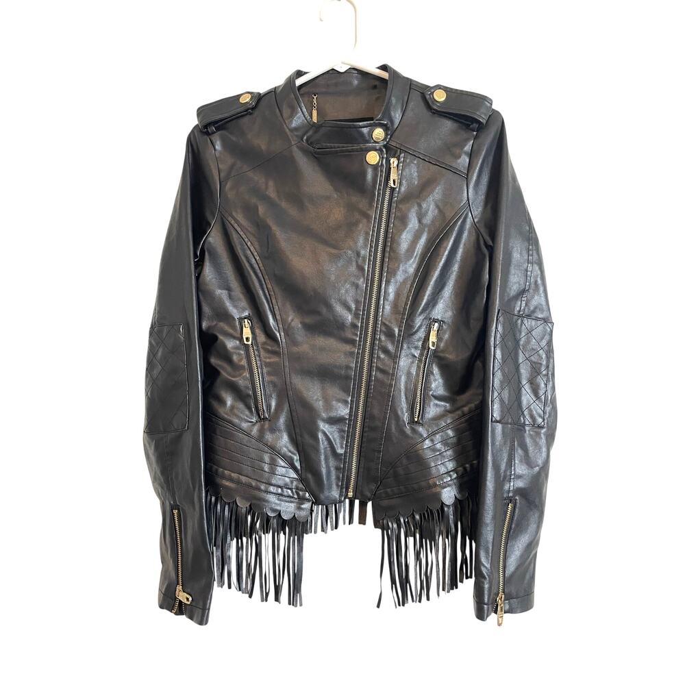 Steve Madden Black Faux Leather Moto Jacket Crop Fringe Logo med Rocker Grunge
